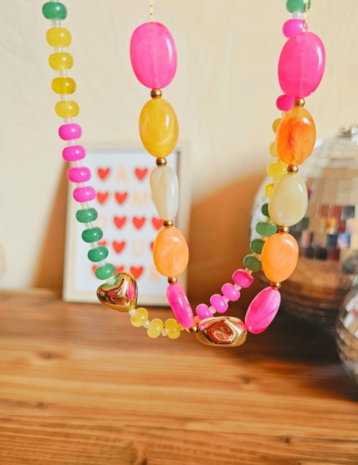 Collier perles colorées fuchsia pêche ambre & acier inoxydable | NAPHEA