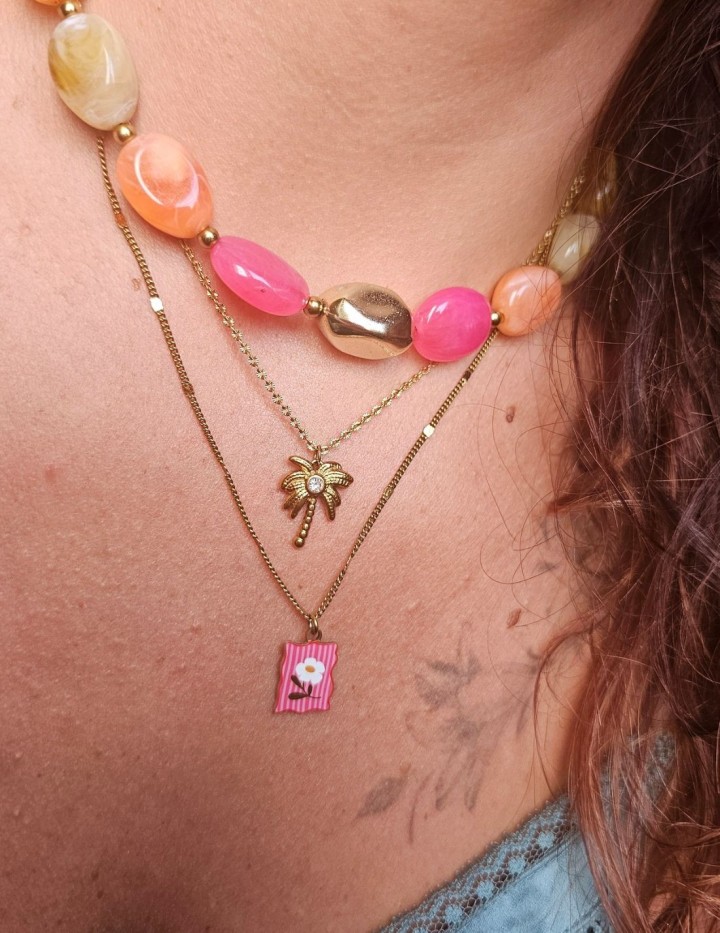 Collier perles colorées fuchsia pêche ambre & acier inoxydable | NAPHEA