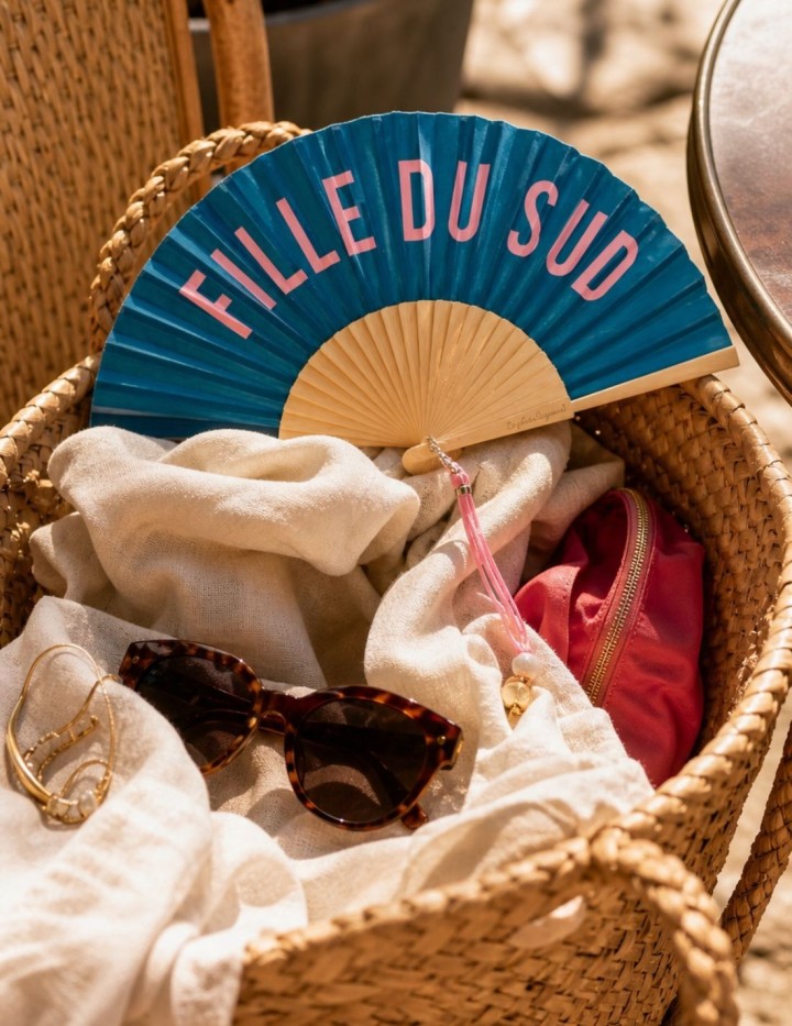 Éventail Fille du Sud bleu en bambou | Naphea