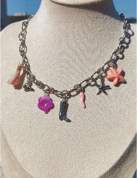 Collier argenté coloré- Pink twist