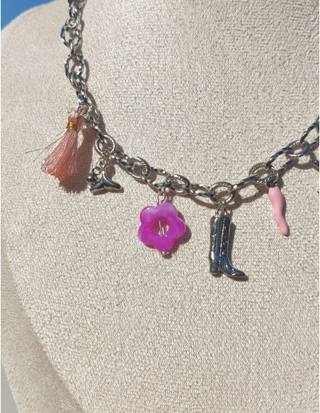 Collier argenté coloré- Pink twist